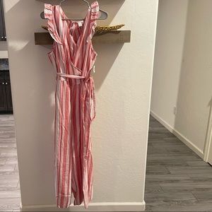 Linen jumpsuit, coral/white striped, tie front, ruffle sleeve, wide leg•size XXL